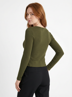 Maglia Basic U-Neck a Maniche Lunghe Costine Verde Militare