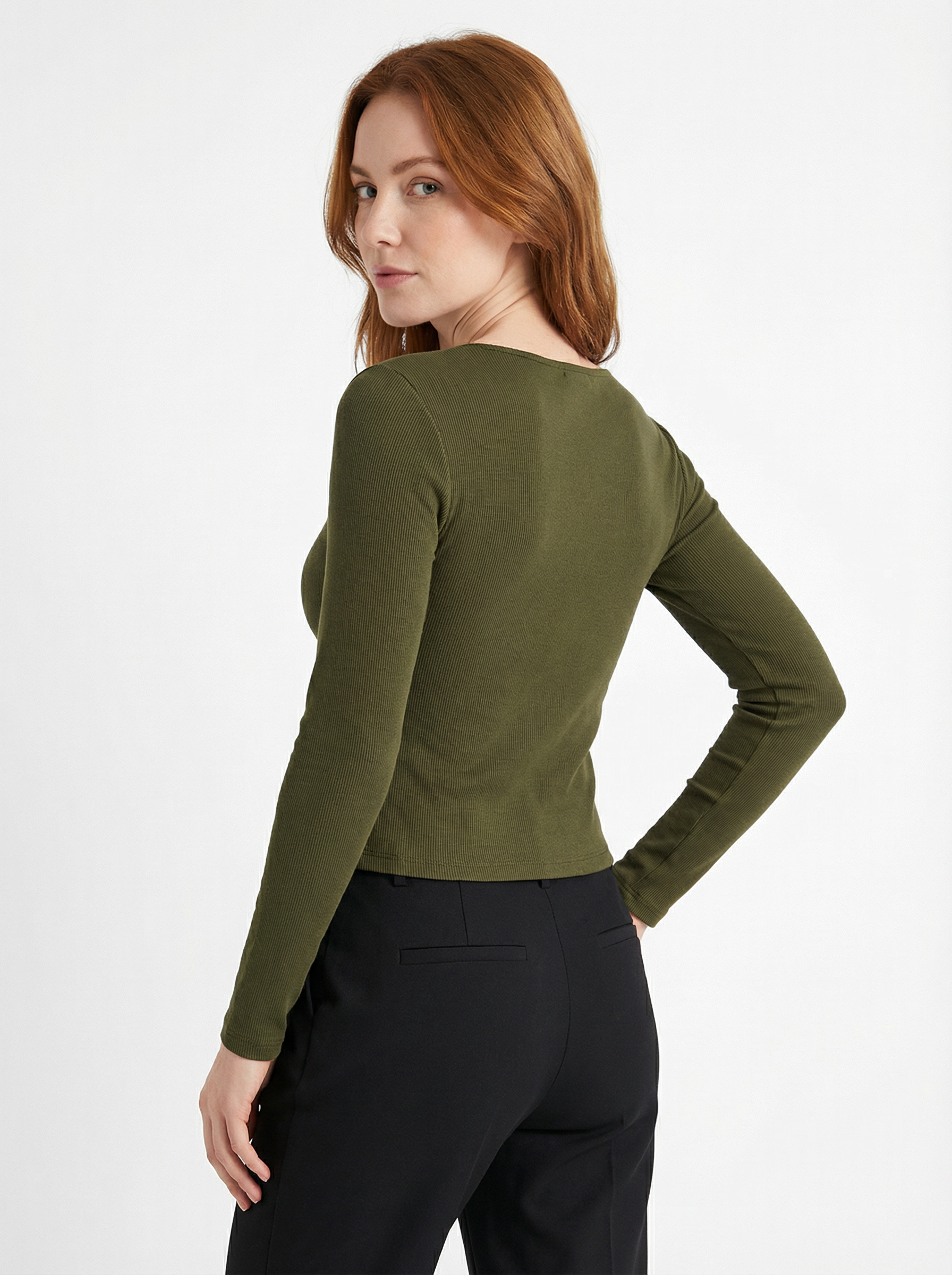 Maglia Basic U-Neck a Maniche Lunghe Costine Verde Militare