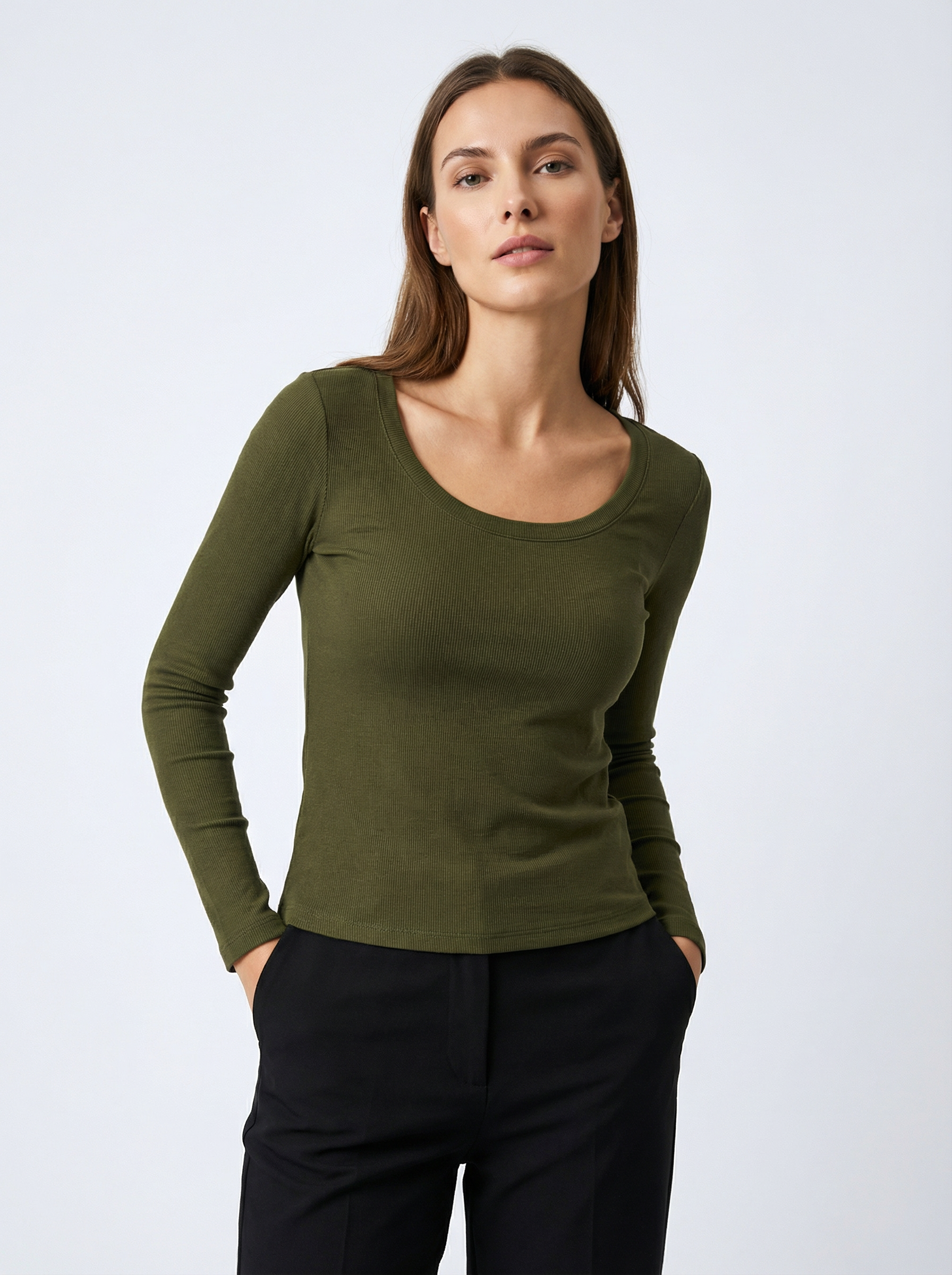 Maglia Basic U-Neck a Maniche Lunghe Costine Verde Militare