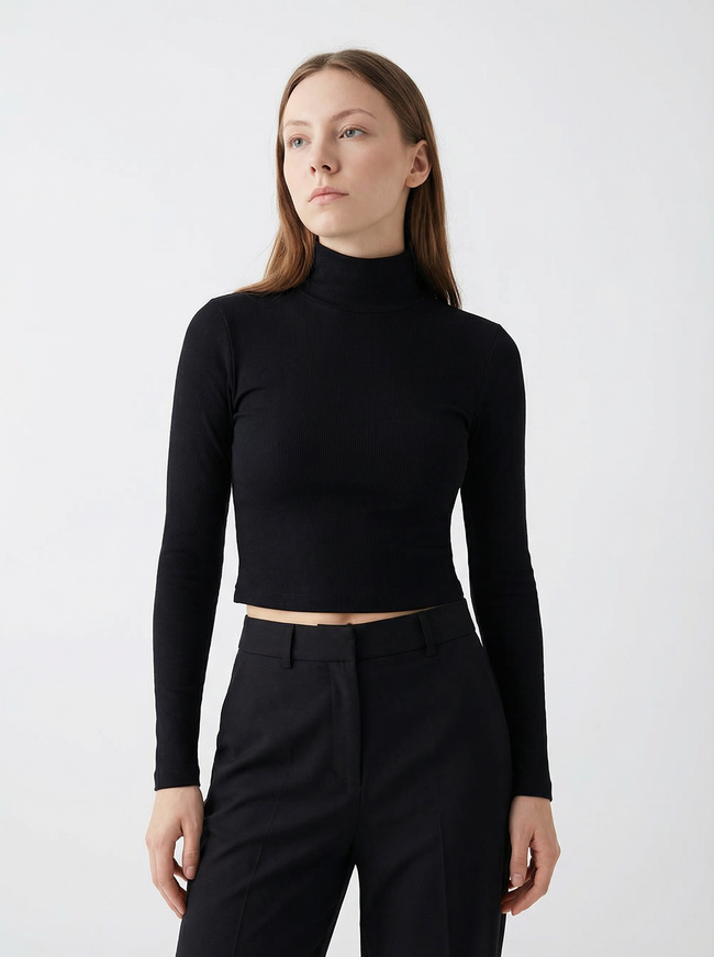 Maglia Top Corto Donna a Costine con Collo Alto Borgogna Maniche Lunghe Hover Image