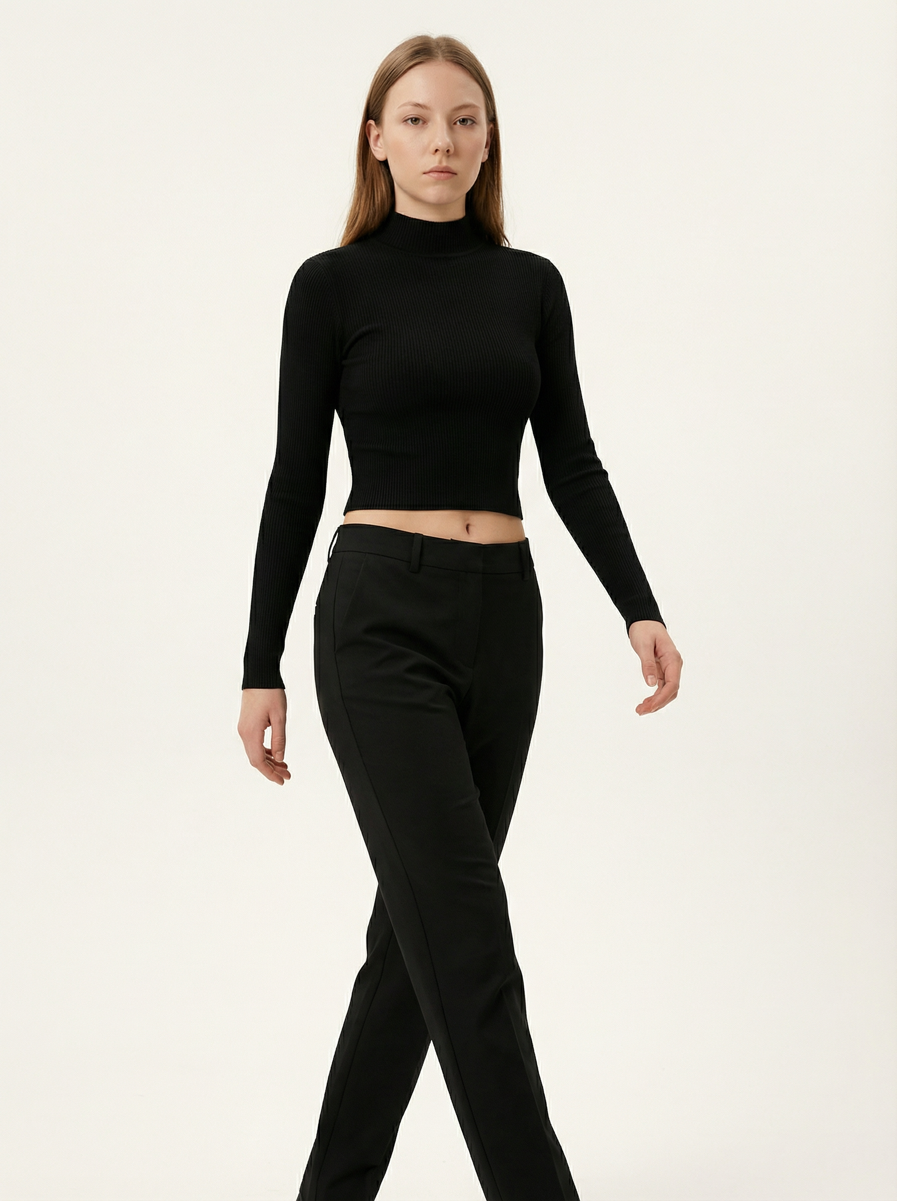 Maglia Crop Top Giallo a Costine Collo Alto Maniche Lunghe