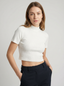 Maglia Crop Top Bianco A Costine Collo Alto e Maniche Lunghe Donna