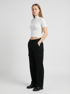 Maglia Crop Top Bianco A Costine Collo Alto e Maniche Lunghe Donna