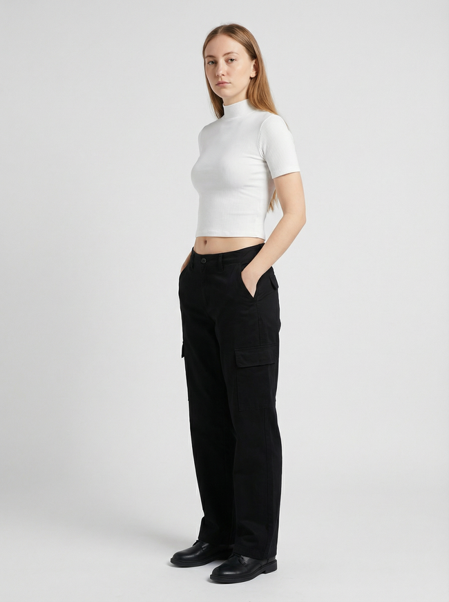Maglia Crop Top Bianco A Costine Collo Alto e Maniche Lunghe Donna Main Image