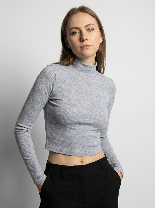 Maglia Cropped Donna a Costine Grigia con Collo Alto Hover Image