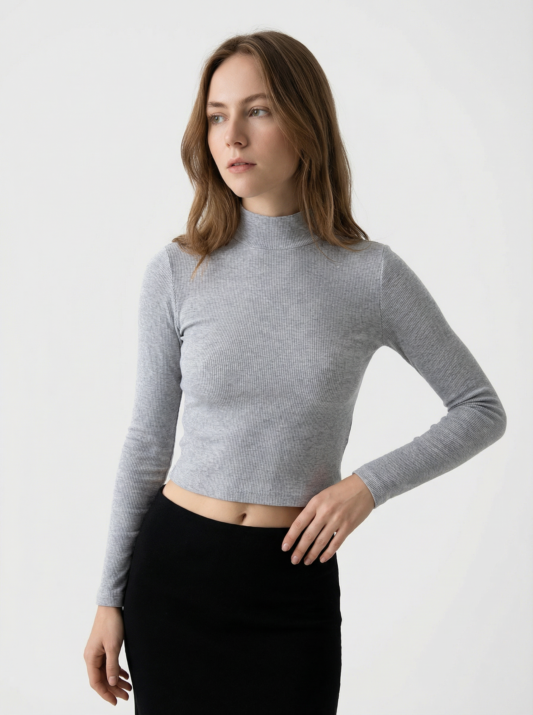 Maglia Cropped Donna a Costine Grigia con Collo Alto