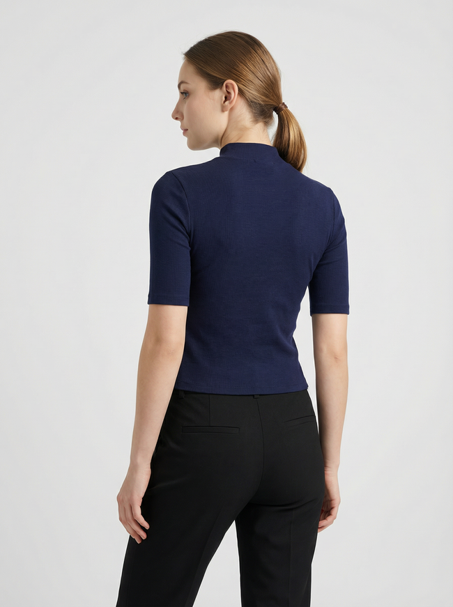 Maglia Top Crop a Collo Alto a Maniche Lunghe Blu Scuro Hover Image