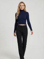Maglia Top Crop a Collo Alto a Maniche Lunghe Blu Scuro