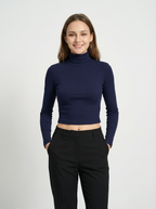 Maglia Top Crop a Collo Alto a Maniche Lunghe Blu Scuro