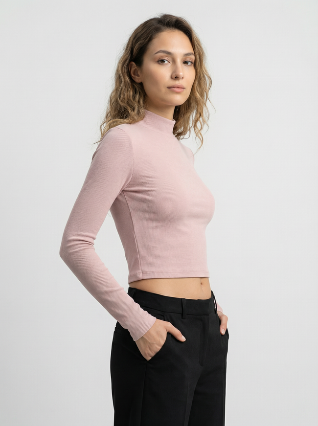 Maglia Top Corto a Costine Collo Alto in Misto Cotone Viscosa - Caffè Chiaro Hover Image