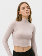 Maglia Top Corto a Costine Collo Alto in Misto Cotone Viscosa - Caffè Chiaro