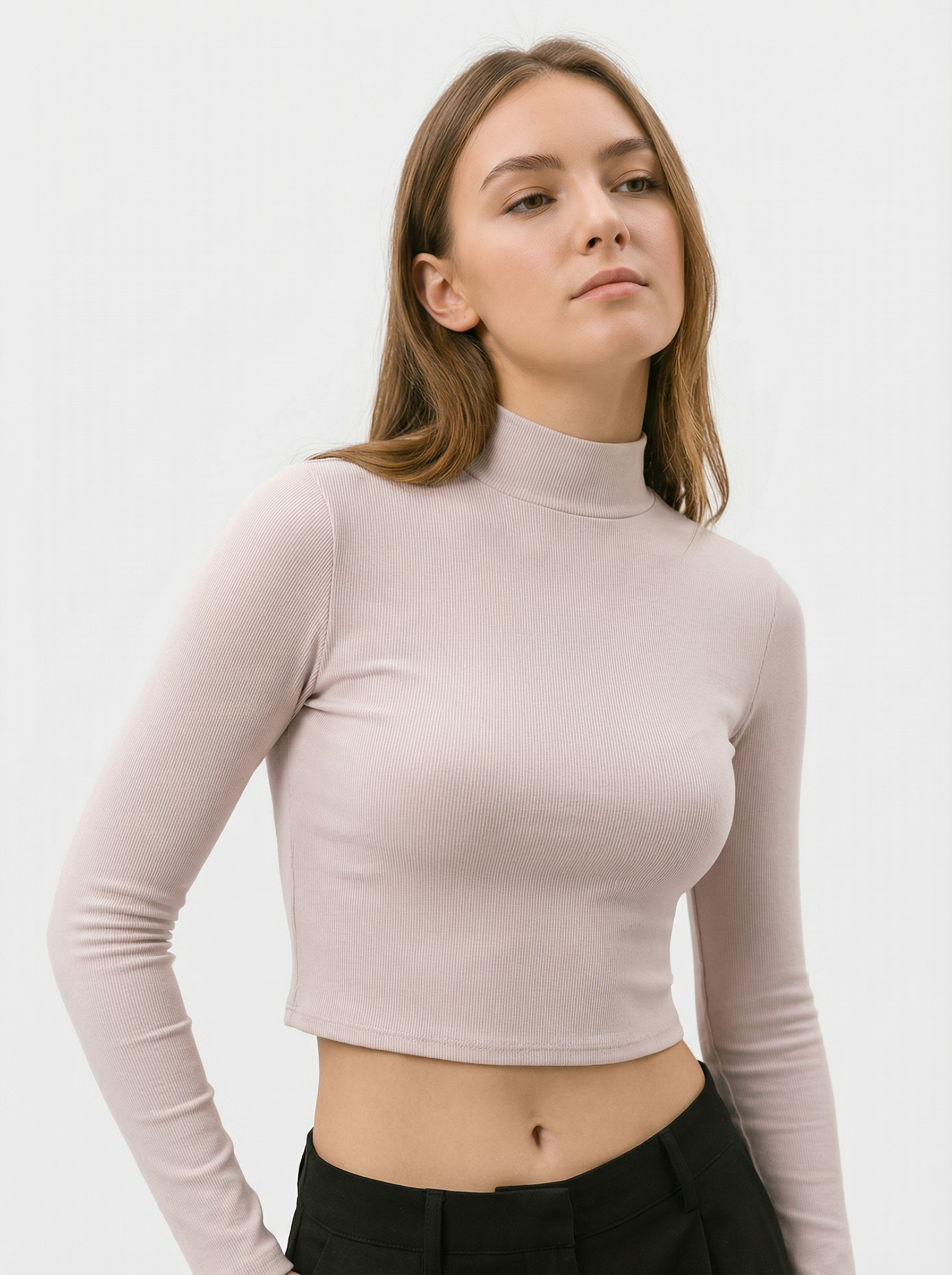 Maglia Top Corto a Costine Collo Alto in Misto Cotone Viscosa - Caffè Chiaro