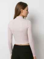 Maglia Top Corto a Costine Collo Alto in Misto Cotone Viscosa - Caffè Chiaro