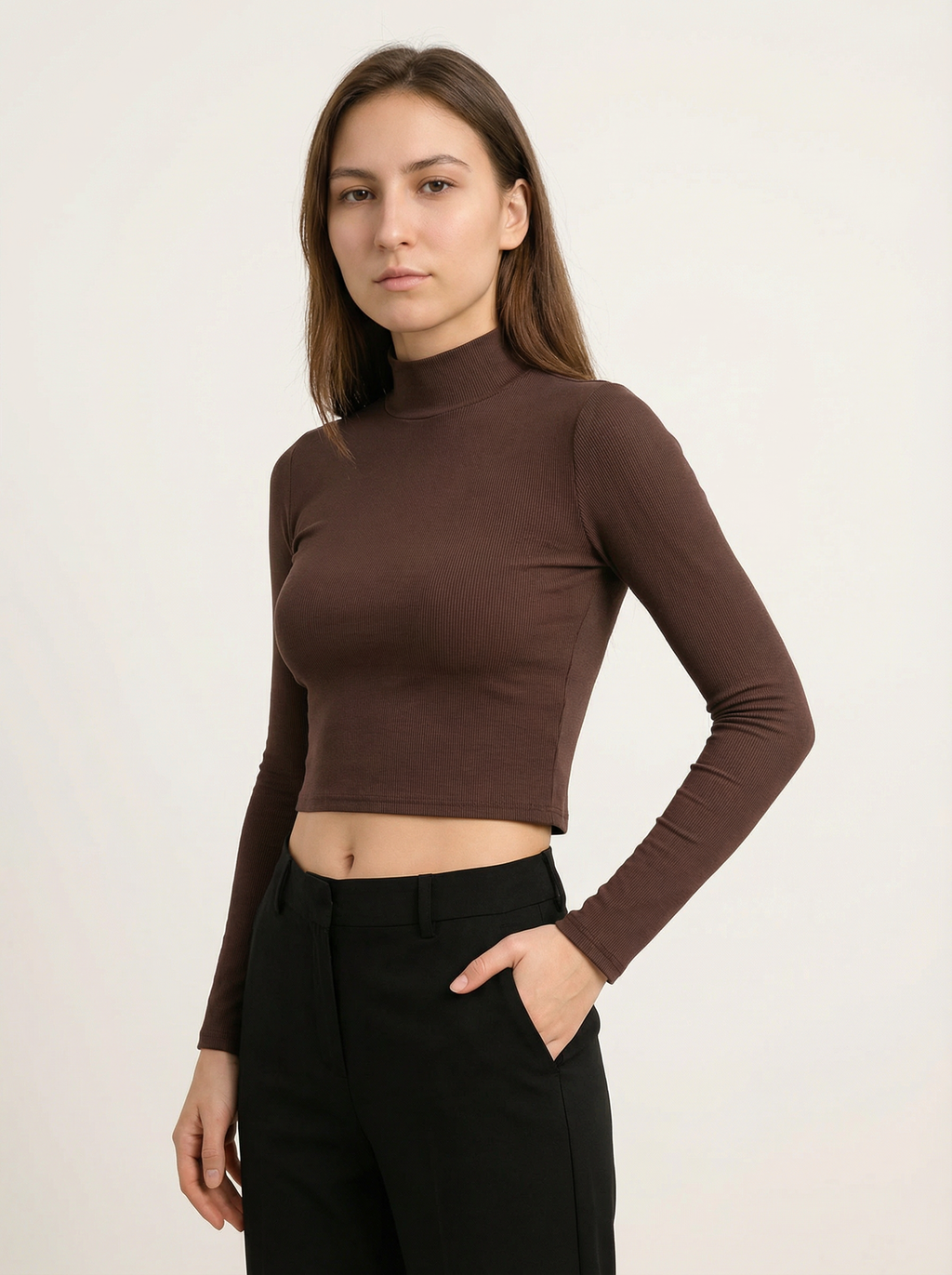 Maglia Crop Donna a Collo Alto a Costine in Cotone Marrone