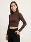 Maglia Crop Donna a Collo Alto a Costine in Cotone Marrone
