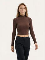 Maglia Crop Donna a Collo Alto a Costine in Cotone Marrone