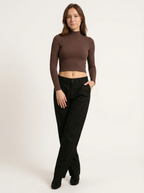 Maglia Crop Donna a Collo Alto a Costine in Cotone Marrone