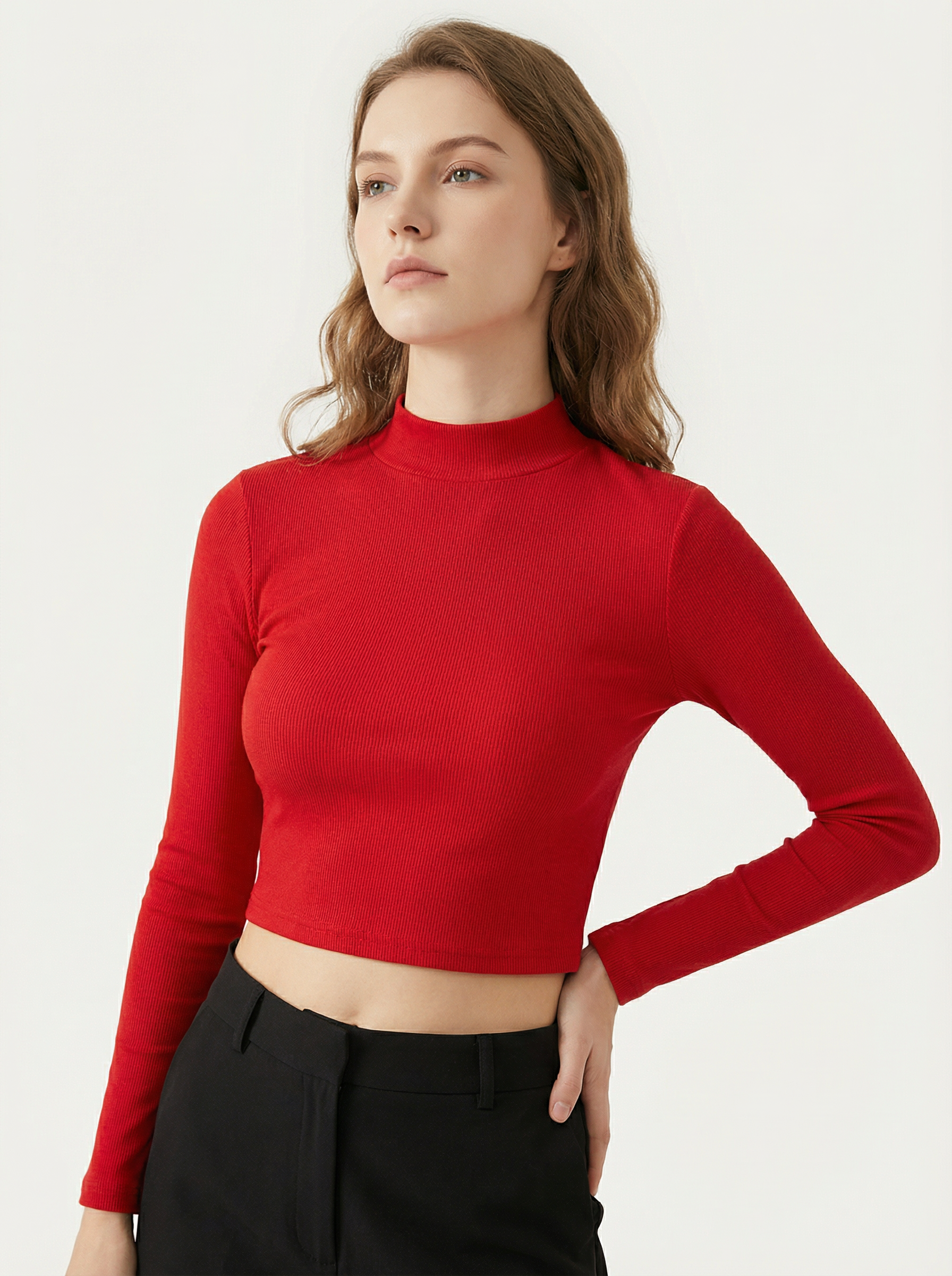 Maglia Top Cropped Rosso a Maniche Lunghe con Collo Alto