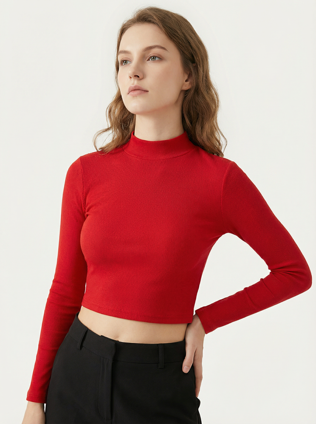 Maglia Top Cropped Rosso a Maniche Lunghe con Collo Alto Main Image