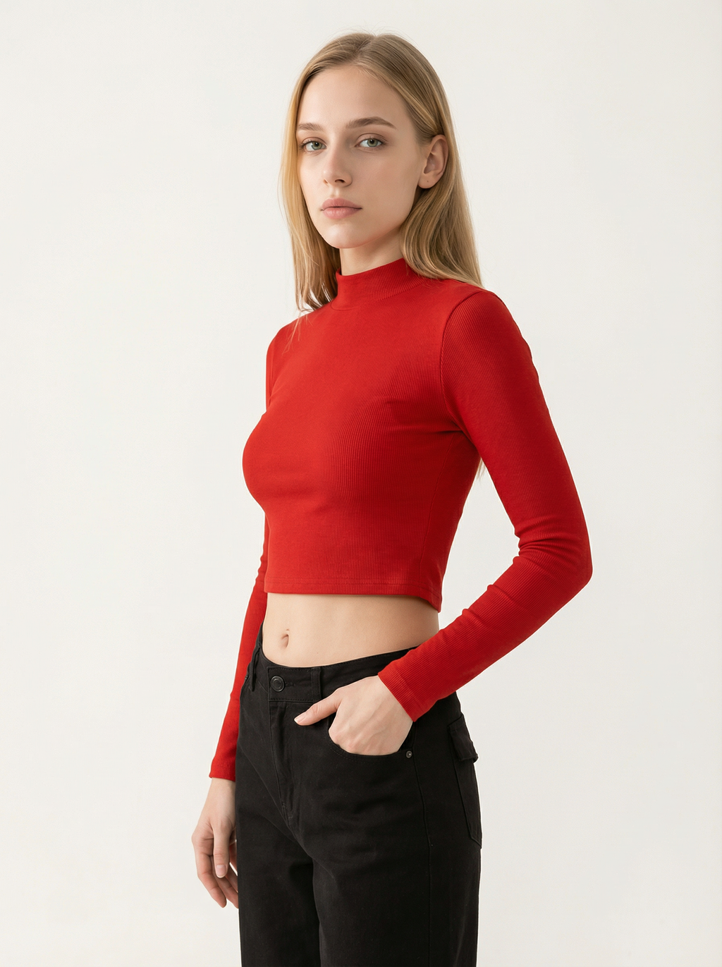 Maglia Top Cropped Rosso a Maniche Lunghe con Collo Alto