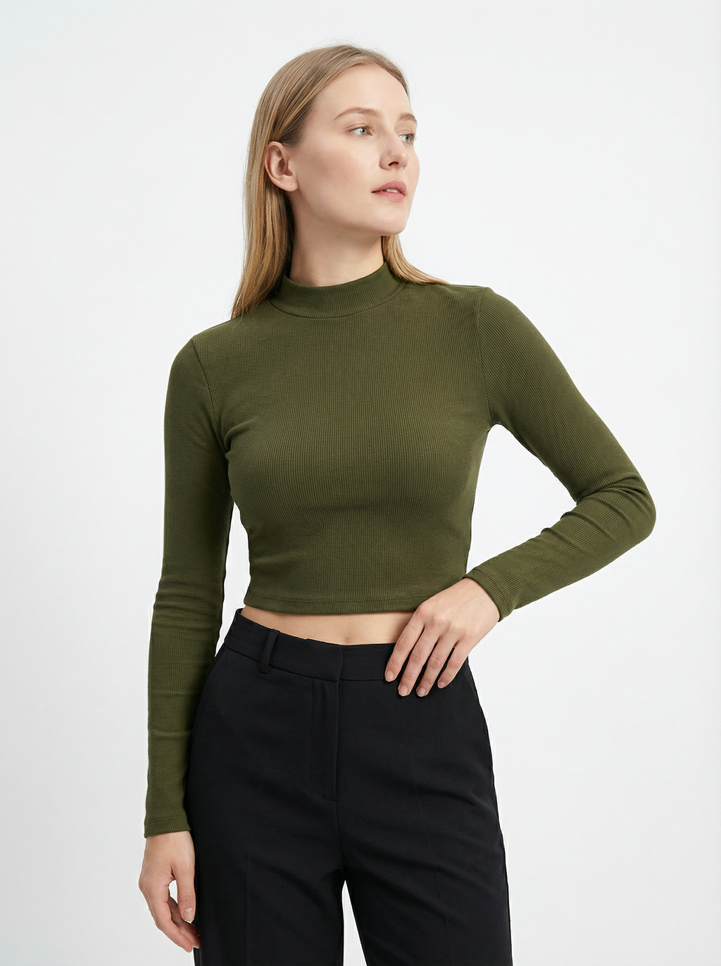 Maglia Top Corto a Collo Alto Maniche Lunghe Verde Militare