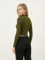 Maglia Top Corto a Collo Alto Maniche Lunghe Verde Militare