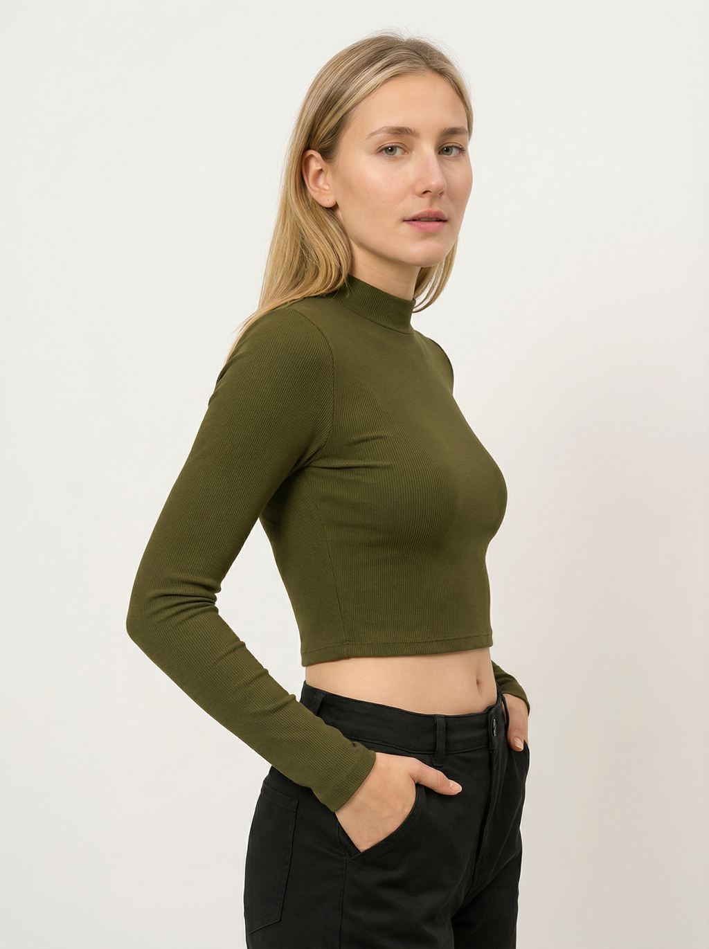 Maglia Top Corto a Collo Alto Maniche Lunghe Verde Militare
