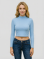 Maglia Top Crop Donna a Costine Collo Alto Maniche Lunghe Azzurro