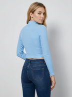 Maglia Top Crop Donna a Costine Collo Alto Maniche Lunghe Azzurro