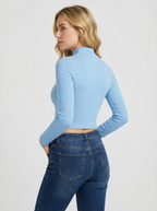 Maglia Top Crop Donna a Costine Collo Alto Maniche Lunghe Azzurro