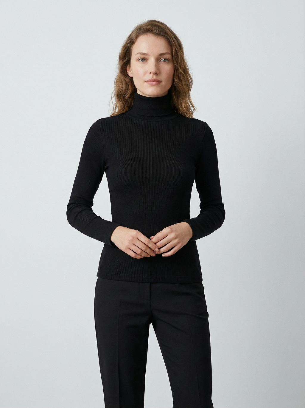 Maglia Dolcevita Donna Classico Nero a Maniche Lunghe in Cotone e Viscosa