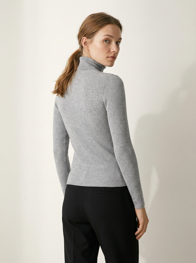 Maglia Dolcevita Classica a Costine Grigia | Collo Alto Maniche Lunghe Main Image