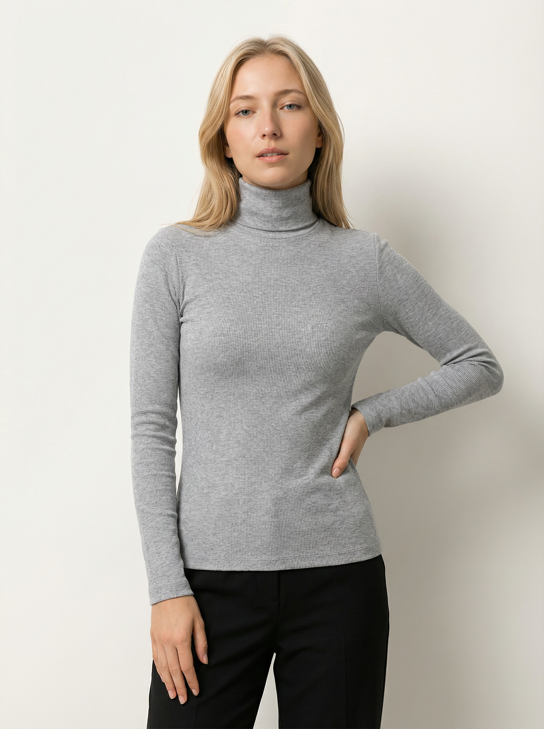 Maglia Dolcevita Classica a Costine Grigia | Collo Alto Maniche Lunghe