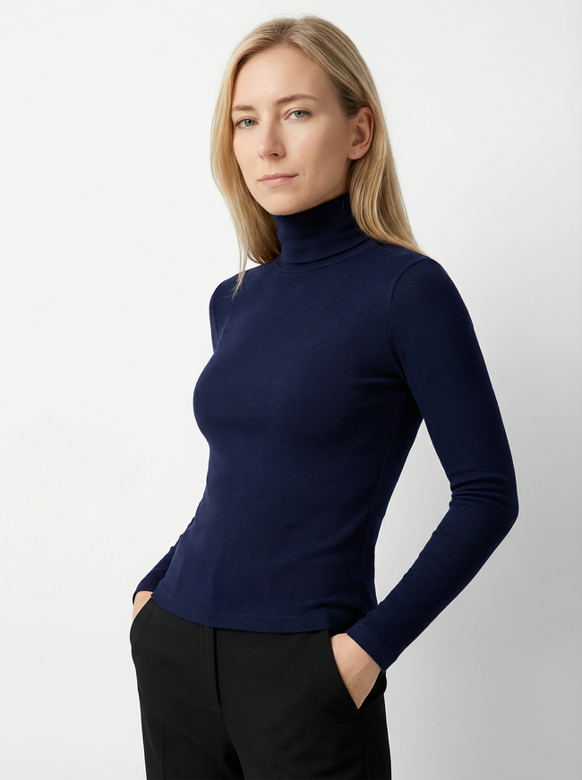 Maglia Dolcevita Classica a Costine Blu Scuro Cotone Misto Donna Hover Image