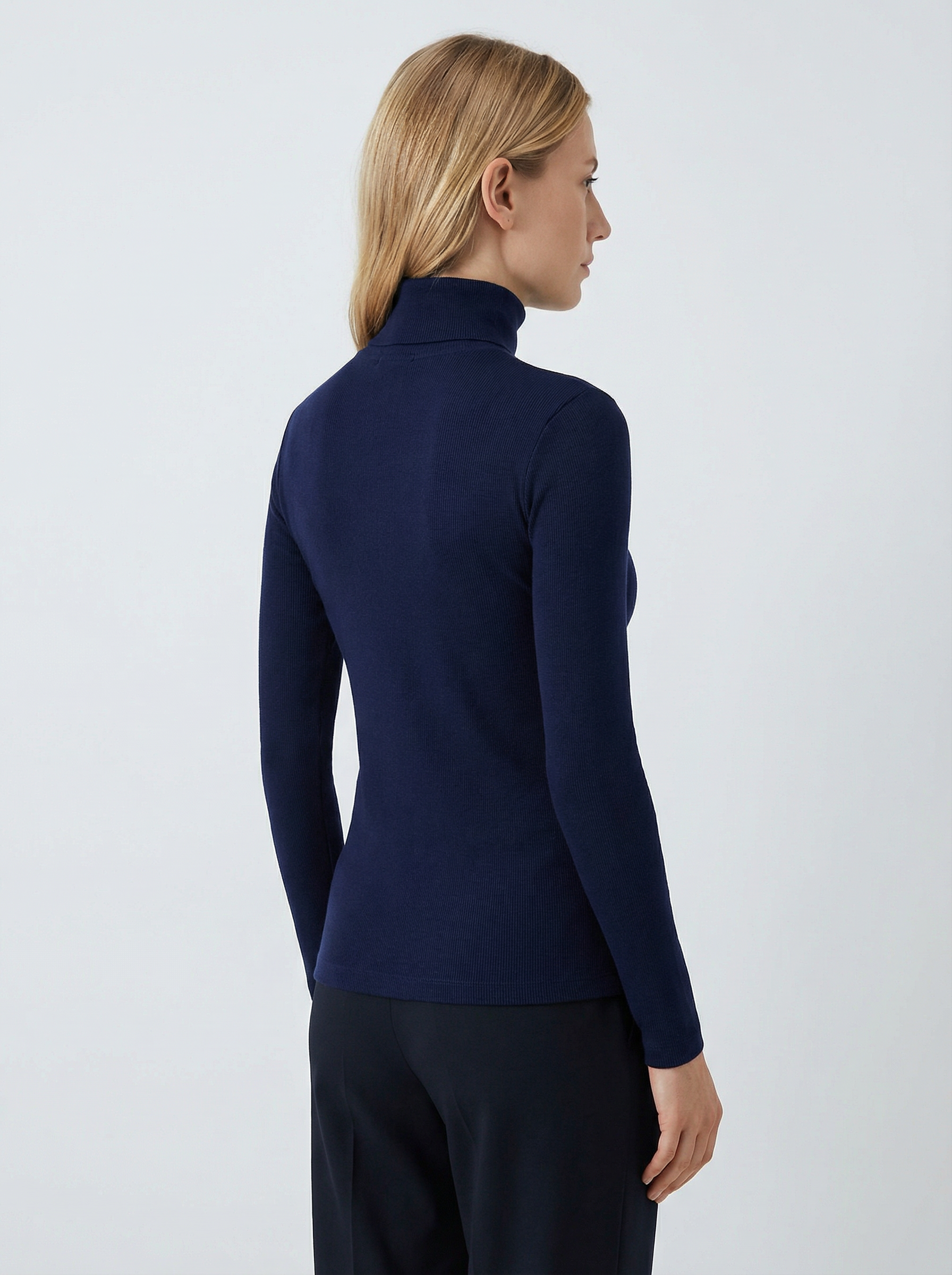 Maglia Dolcevita Classica a Costine Blu Scuro Cotone Misto Donna