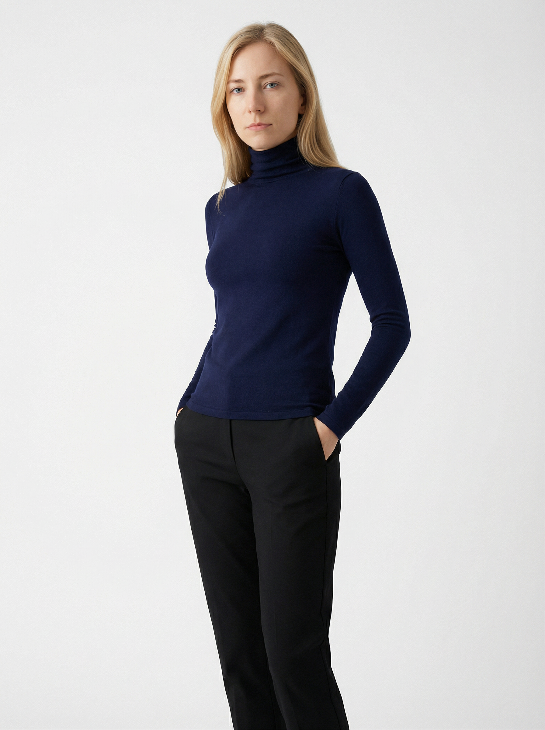 Maglia Dolcevita Classica a Costine Blu Scuro Cotone Misto Donna