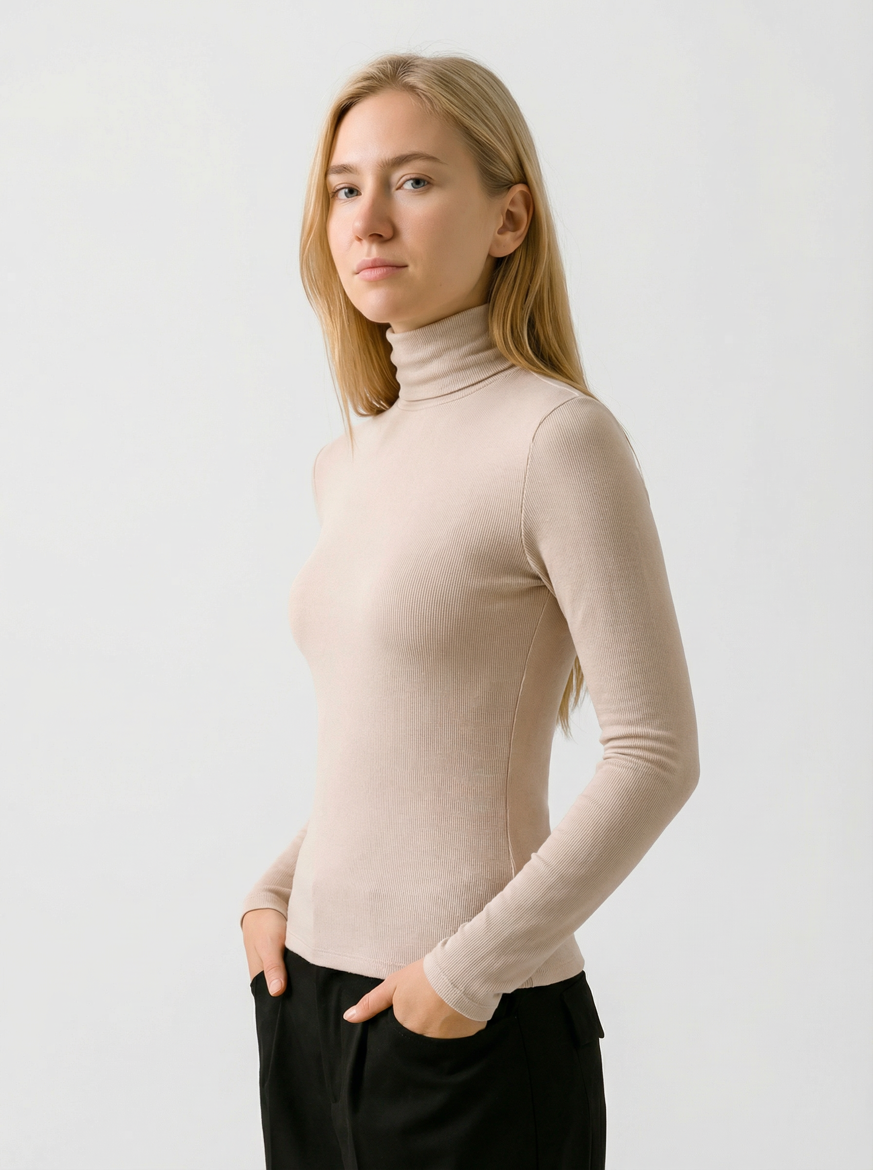 Maglia Dolcevita Classica Slim Fit Donna in Cotone Viscosa Caffè Chiaro
