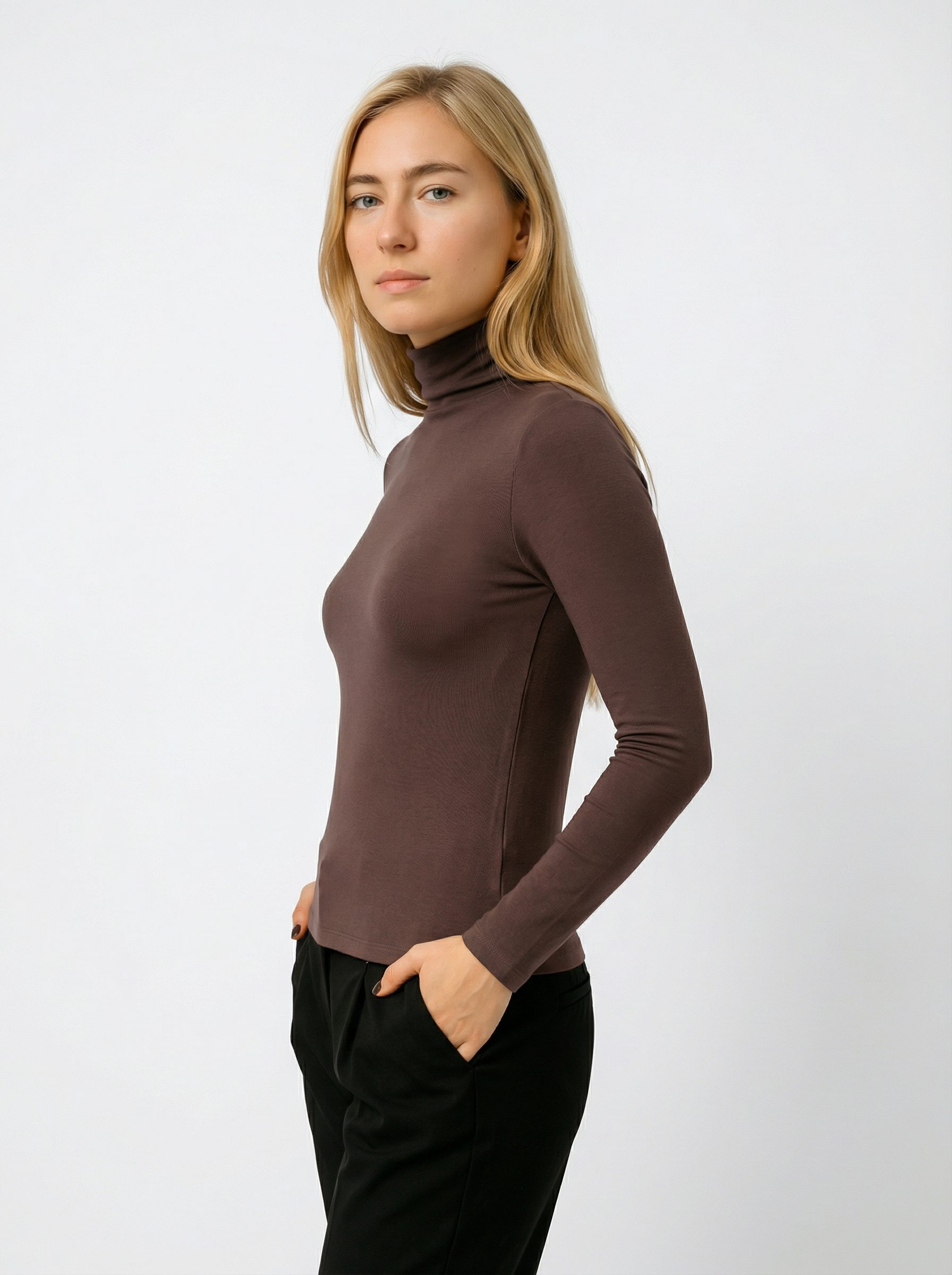 Maglia Dolcevita Classica Marrone in Cotone e Viscosa Donna