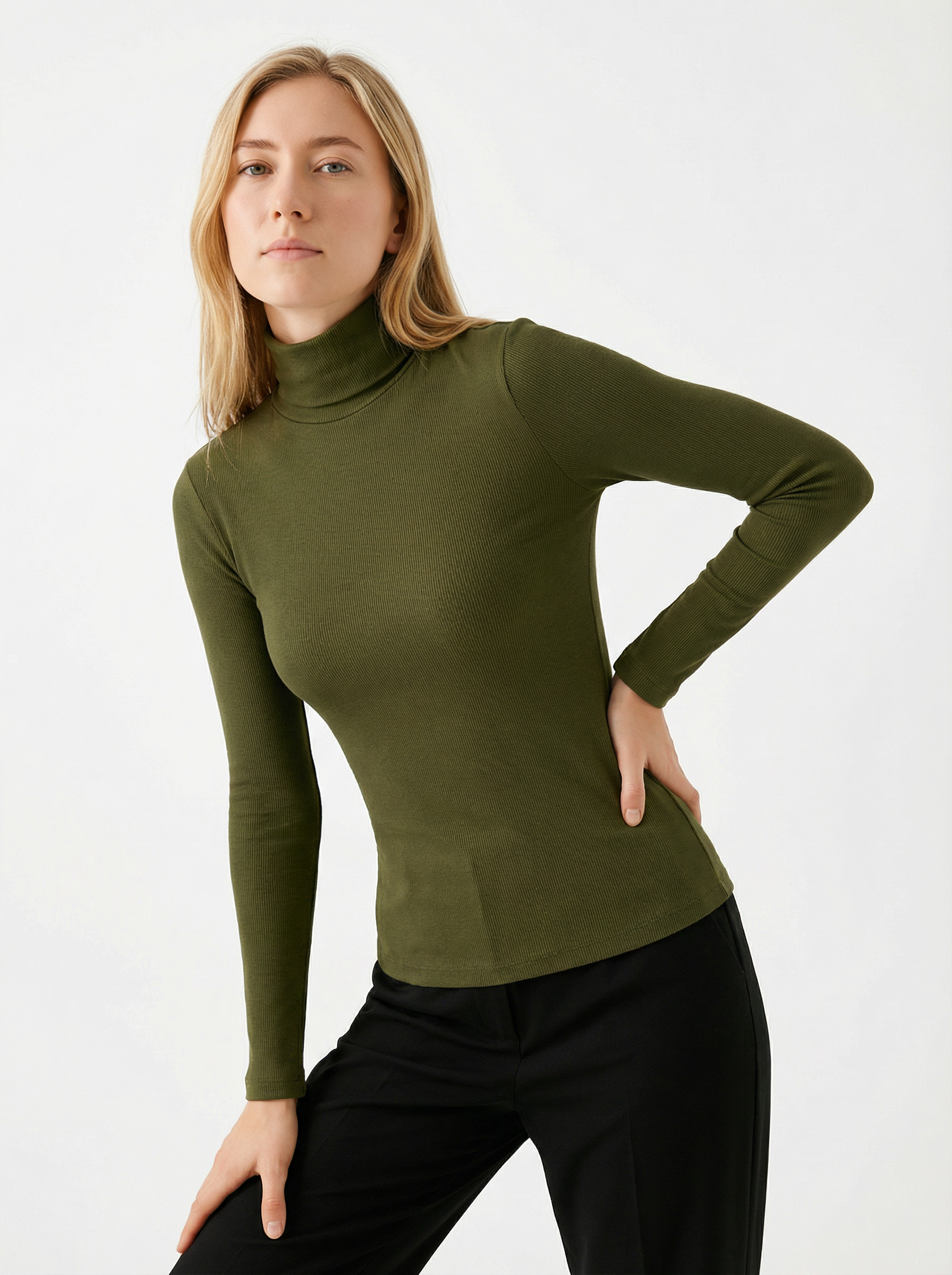 Maglia Top a Collo Alto Donna Slim Fit in Cotone e Viscosa Verde Militare