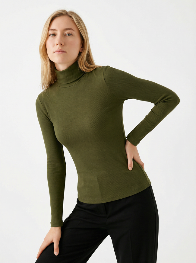 Maglia Top a Collo Alto Donna Slim Fit in Cotone e Viscosa Verde Militare Hover Image
