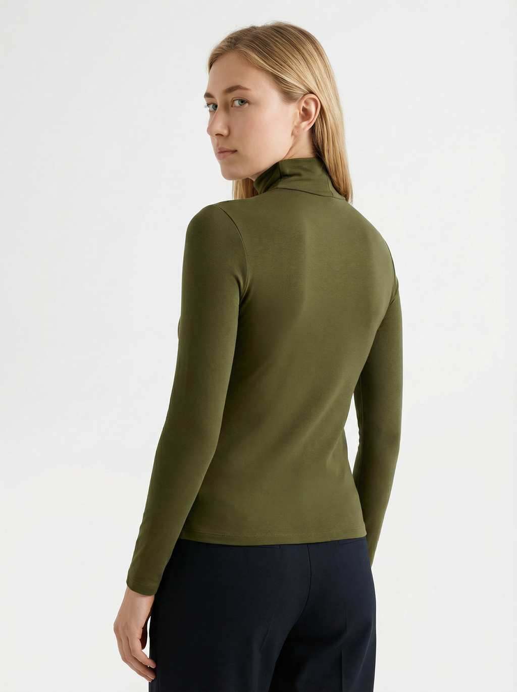 Maglia Top a Collo Alto Donna Slim Fit in Cotone e Viscosa Verde Militare