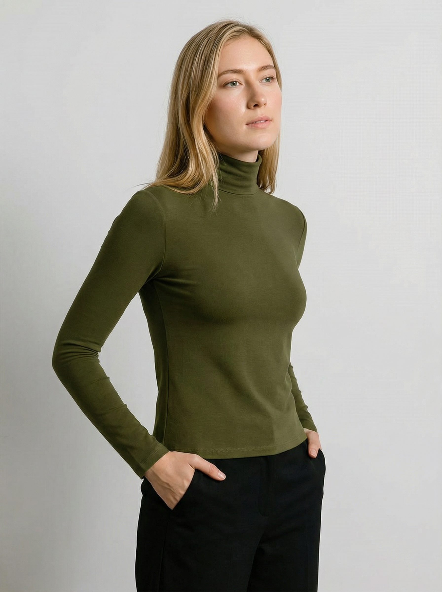 Maglia Top a Collo Alto Donna Slim Fit in Cotone e Viscosa Verde Militare