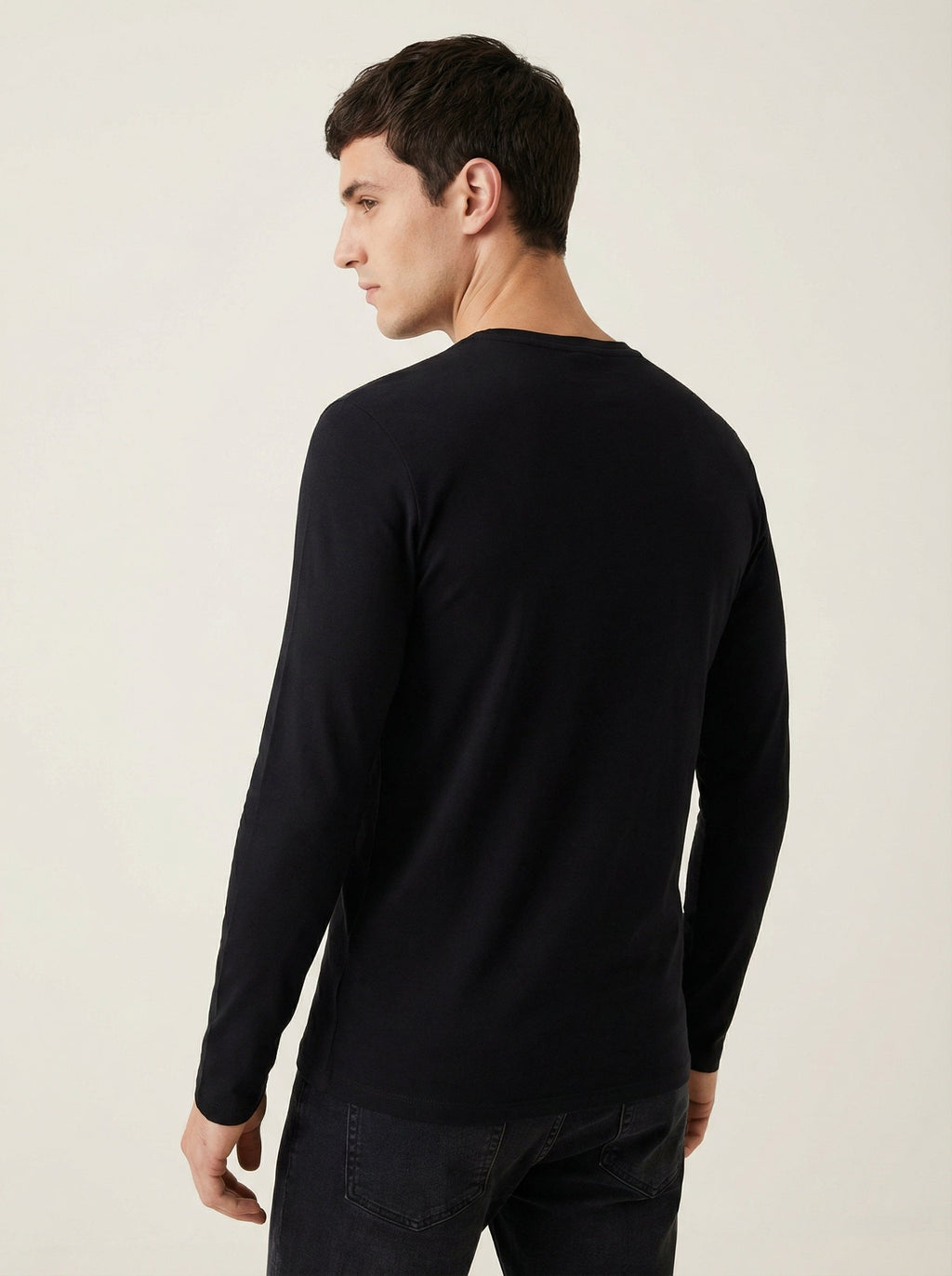 Maglia Maglietta Uomo Girocollo Manica Lunga in Cotone ed Elastan Nero