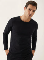 Maglia Maglietta Uomo Girocollo Manica Lunga in Cotone ed Elastan Nero