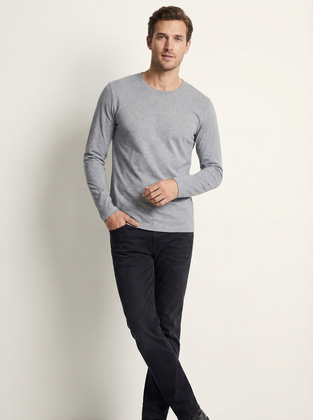 Maglia Maglietta Girocollo Uomo a Maniche Lunghe Grigia