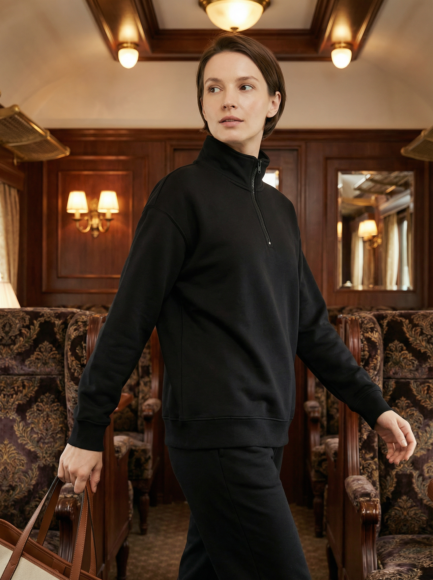 Maglia Termica Donna Collo Alto Mezza Zip in Poliestere Elastico