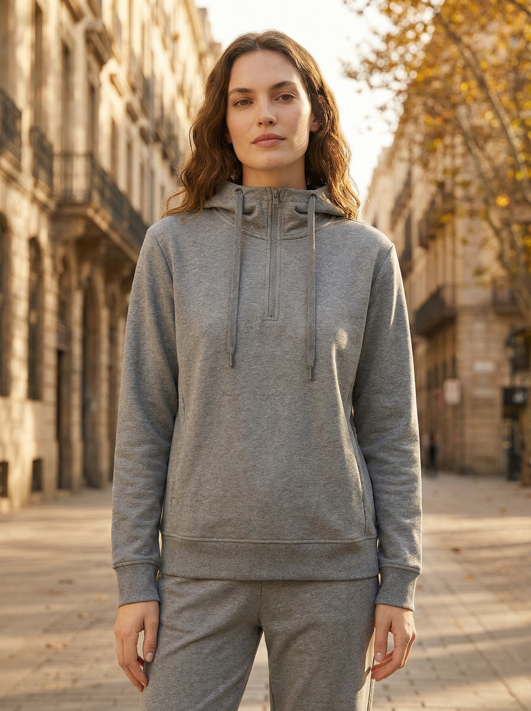 Felpa Donna con Cappuccio e Mezza Zip - Nera, Beige, Grigia