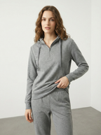 Felpa Donna con Cappuccio e Mezza Zip - Nera, Beige, Grigia