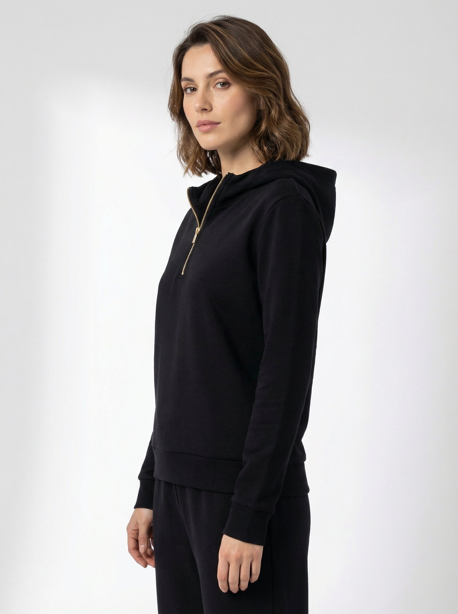 Felpa Donna con Cappuccio e Mezza Zip - Nera, Beige, Grigia