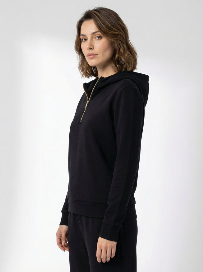 Felpa Donna con Cappuccio e Mezza Zip - Nera, Beige, Grigia Hover Image